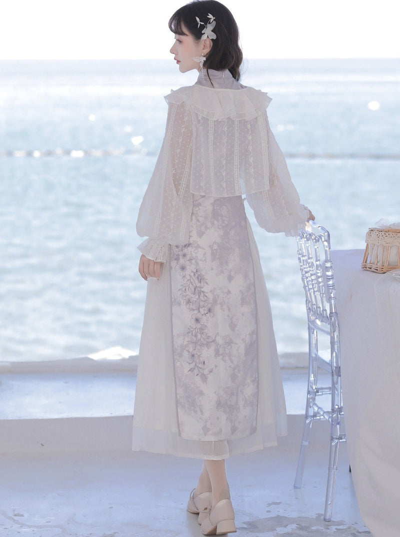 Sheer Cardigan + Flower Cheongsam Dress + Pleated Skirt