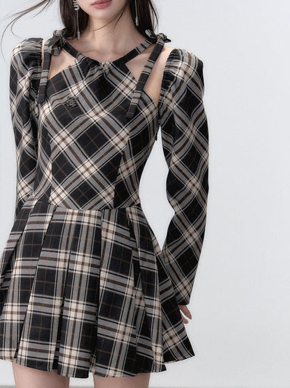 French Suspender Plaid Ribbon a Line Dress