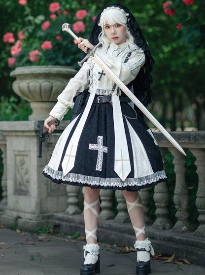 Cross Lolita Dress + Short Jacket + Headband + Veil + Collar