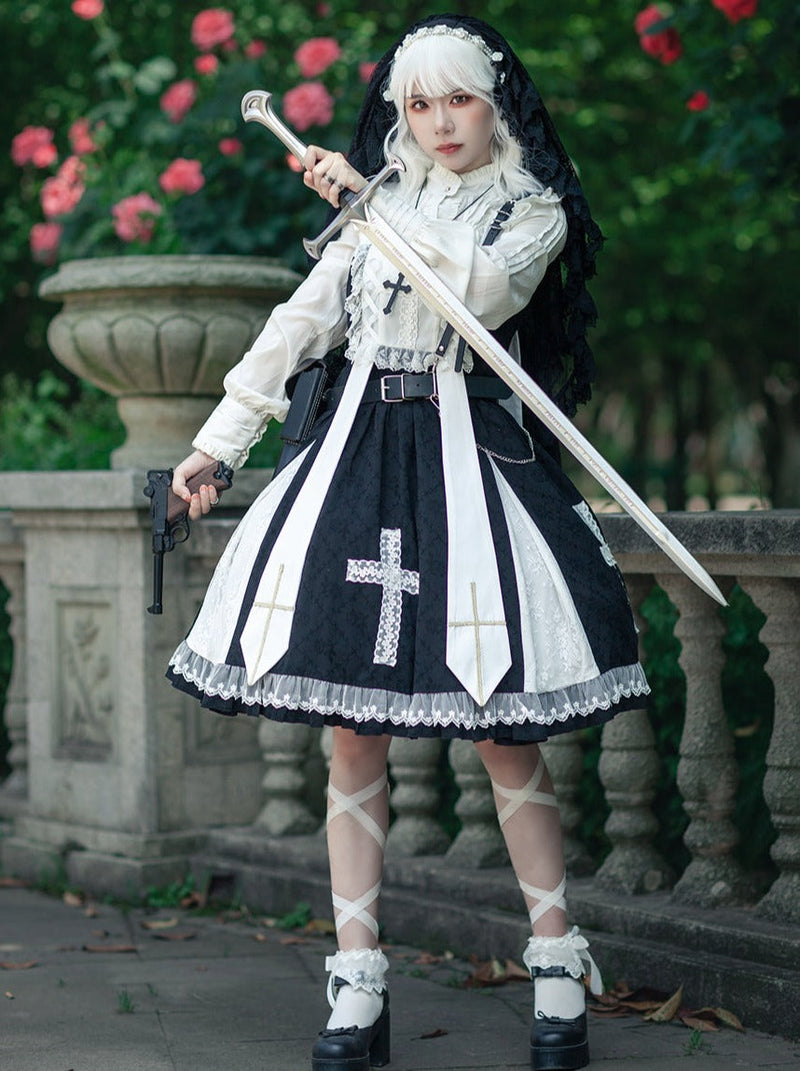 Cross Lolita Dress + Short Jacket + Headband + Veil + Collar