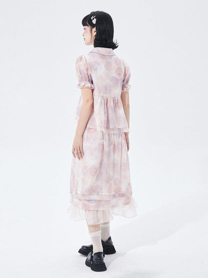 Chinese-style Rose Print Puff Sleeve Ruffle Shirt Skirt Two Piece Set