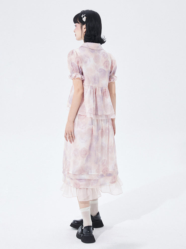 Chinese-style Rose Print Puff Sleeve Ruffle Shirt Skirt Two Piece Set