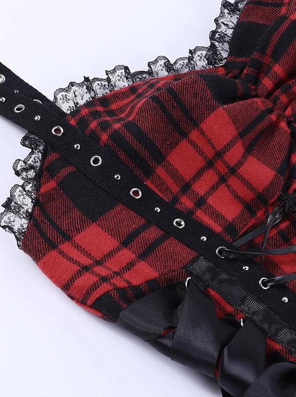 Y2k Black Red Hot Girl Lace Eyelets Suspender Dress