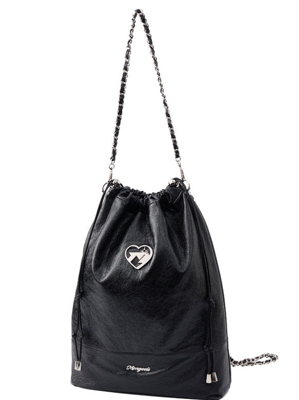 Cool Metal Heart Soft Leather Drawstring Bag