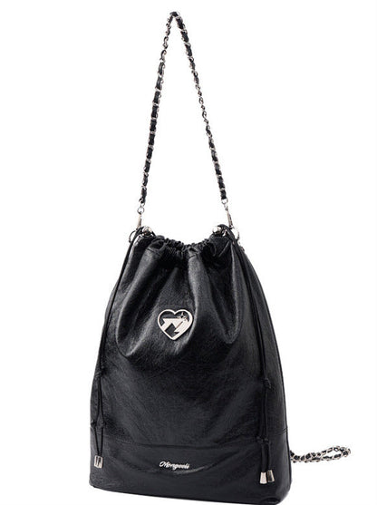 Cool Metal Heart Soft Leather Drawstring Bag