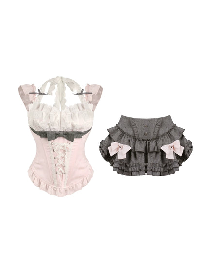 Peach Pink Corset Top + Polka Dot Tiered Skirt