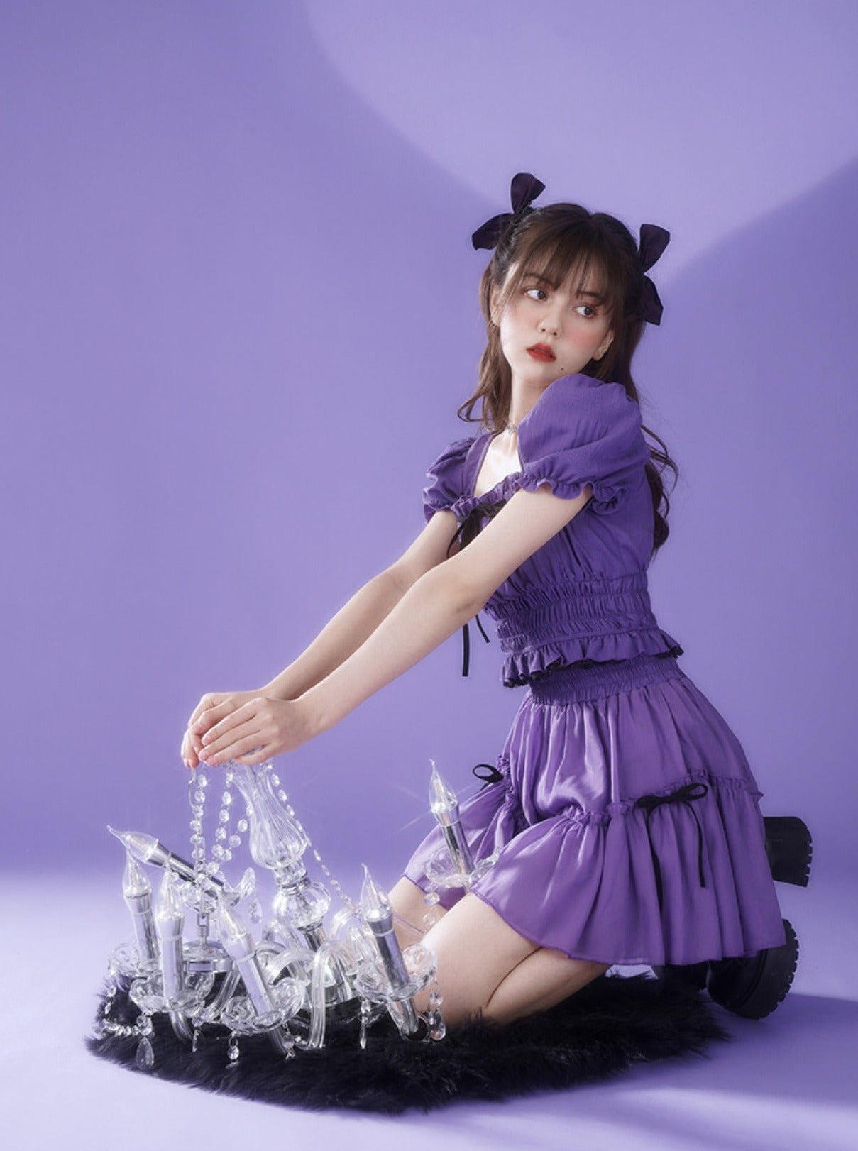 Chiffon Waist Square Collar Puff Sleeve Princess Set
