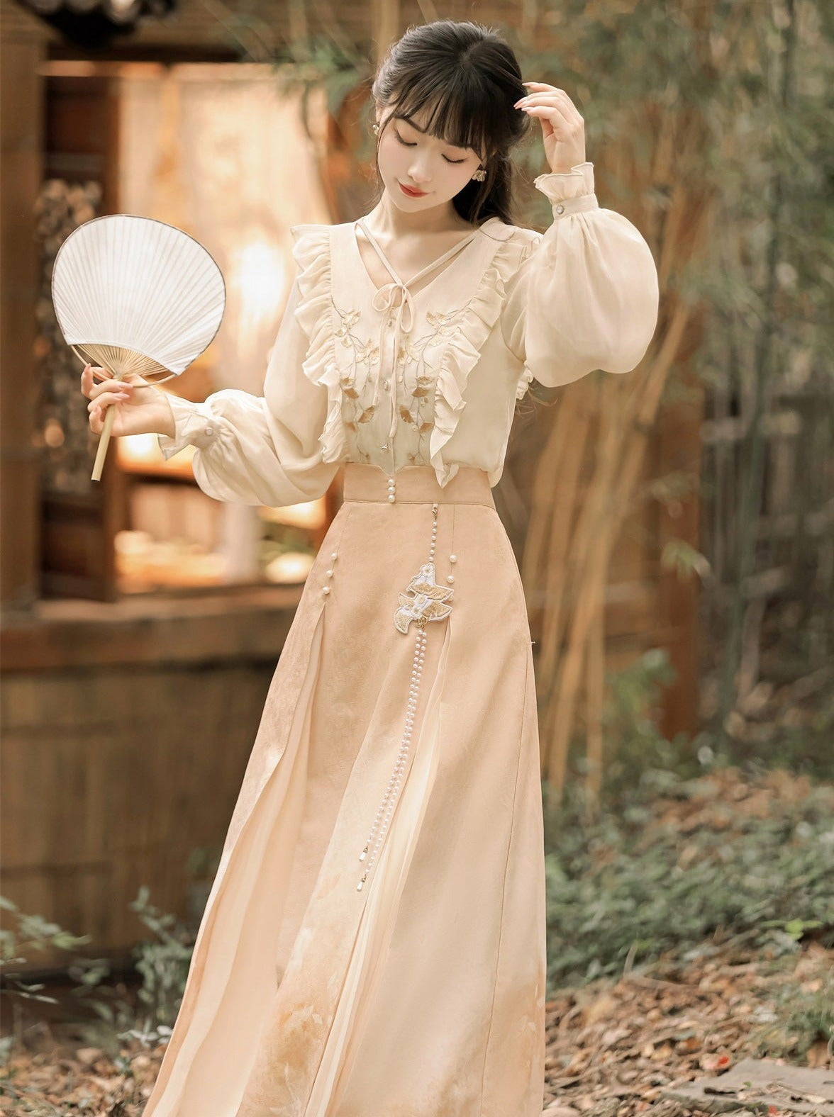 Chinese-style Lace Ruffled Blouse + Pleated Slit Long Skirt