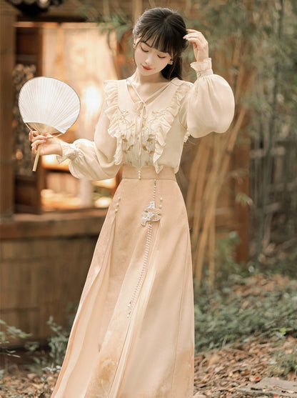 Chinese-style Lace Ruffled Blouse + Pleated Slit Long Skirt