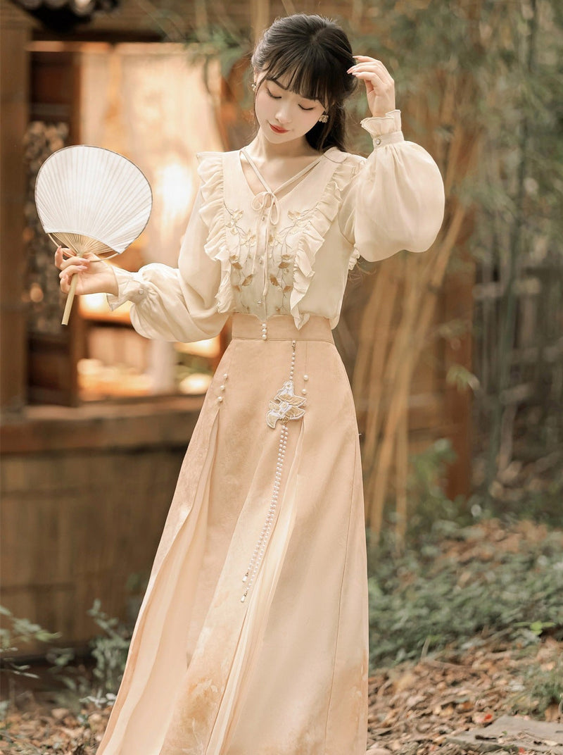Chinese-style Lace Ruffled Blouse + Pleated Slit Long Skirt