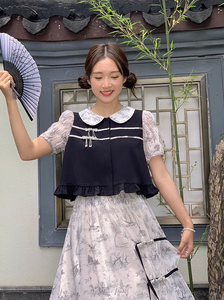 Doll Collar Sheer Puff Sleeve Print Chinese-style Top & Asymmetric Skirt Set