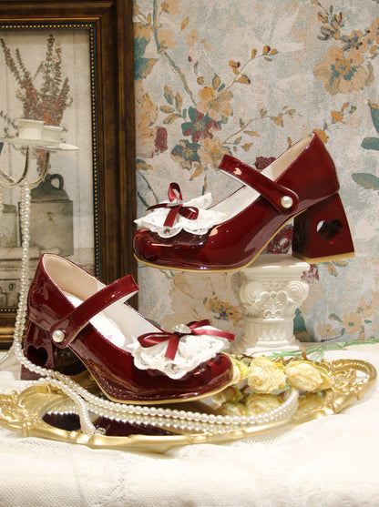 Lolita French Lace Ribbon Square Toe Love Heel Shoes