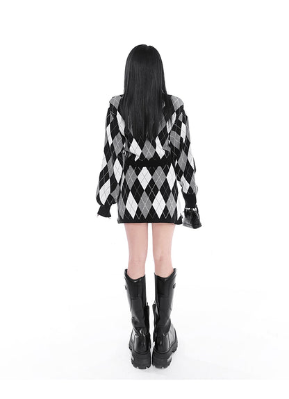 Spicy Retro Loose Slim Argyle Knit Suit Set