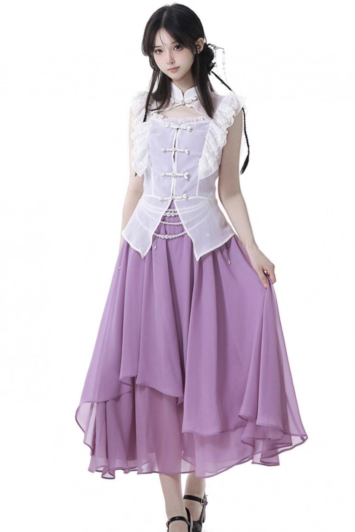 Light Smock Suspender Dress + Short Dress + China Design Sleeveless Top + Short Shirt + Pearl Accessories