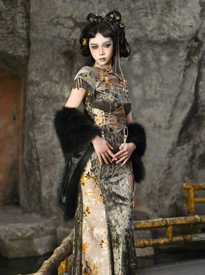 Dragon Festival Buckle Slim Mermaid Long Slit Cheongsam Dress