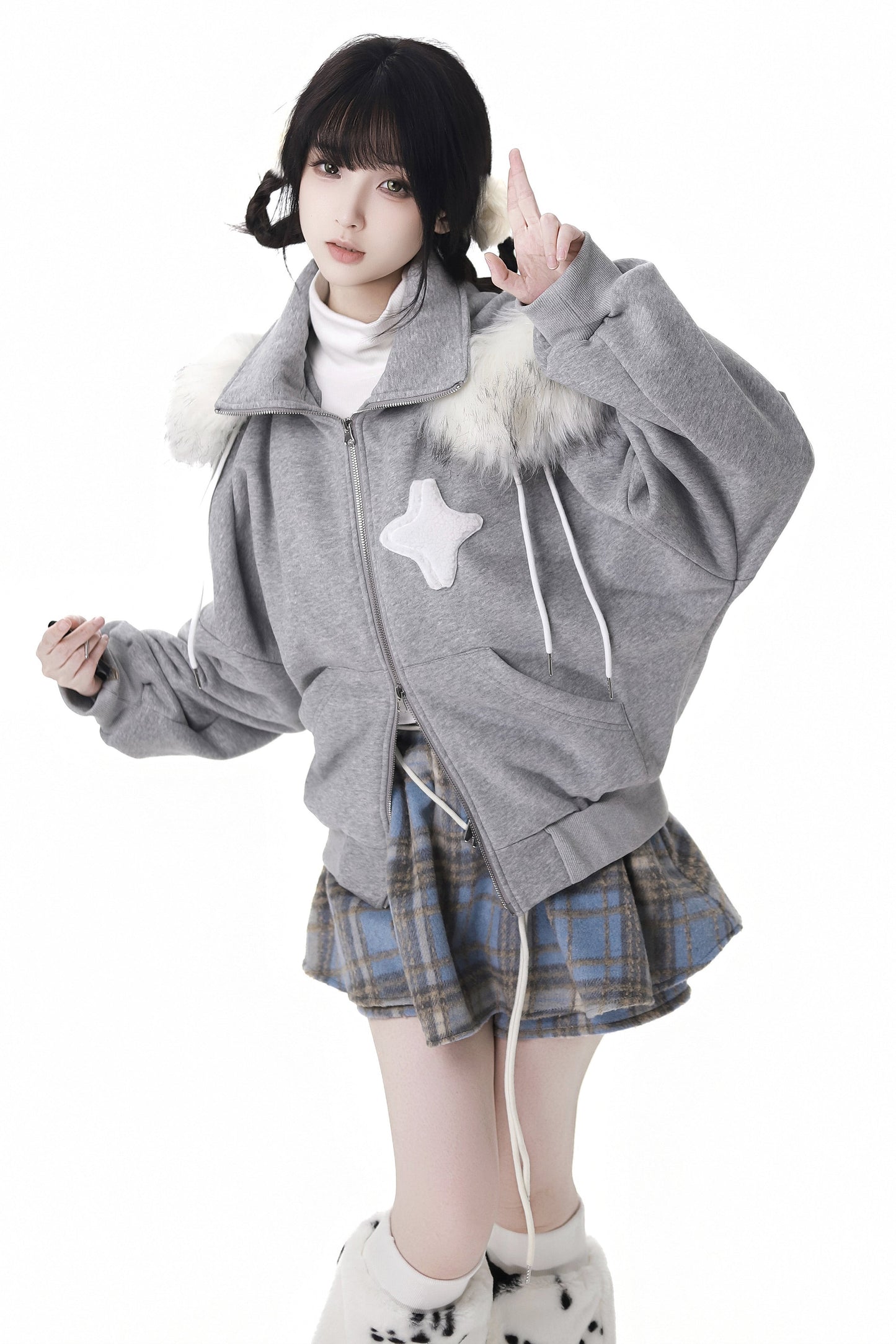 Starry Night Faux Fur Hoodie Plush Jacket Top Plaid Bottoms Set