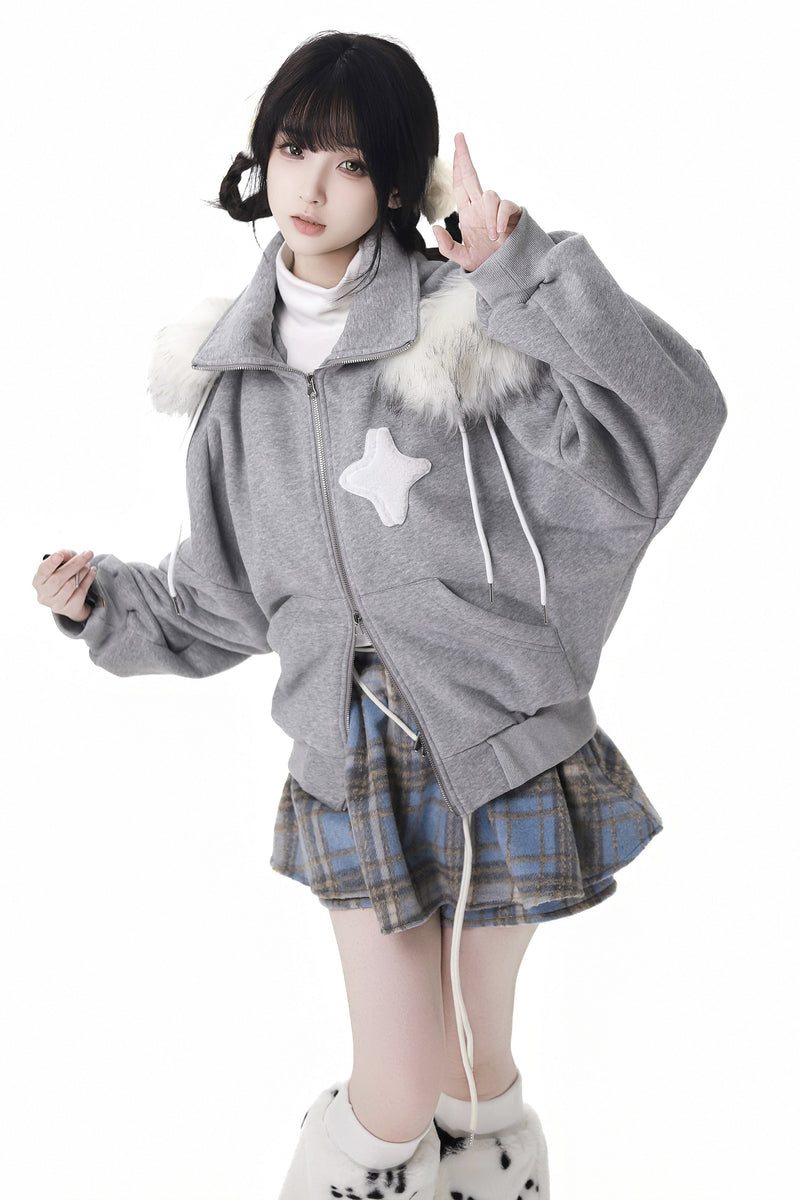 Starry Night Faux Fur Hoodie Plush Jacket Top Plaid Bottoms Set