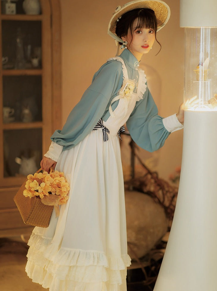 Stand Collar Double-breasted Coat Lace Apron Overskirt Set