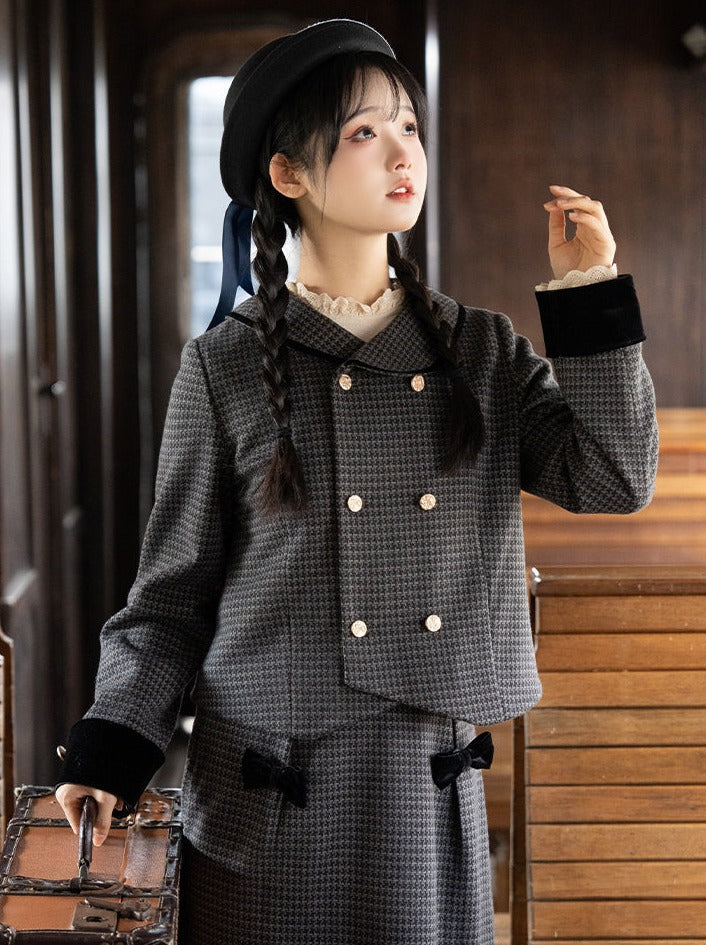 Dark Retro Plaid Top + Double Ribbon Flared Skirt