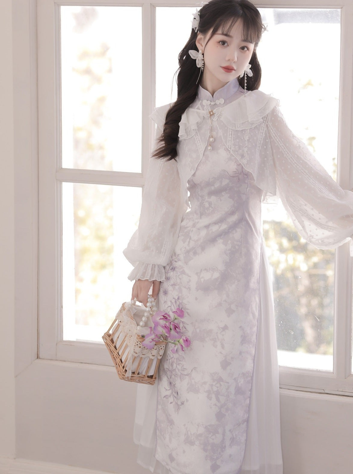 Sheer Cardigan + Flower Cheongsam Dress + Pleated Skirt