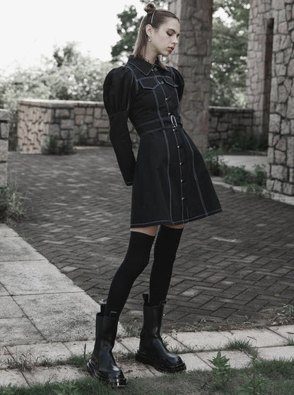 Double Pocket Waist Mark Denim Dress