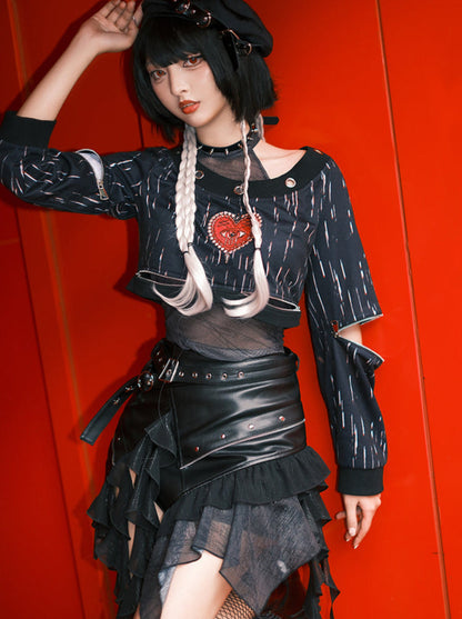 Punk Dark Heart Short Sweatshirt + Inner Top + Skirt + Hat + Necklace