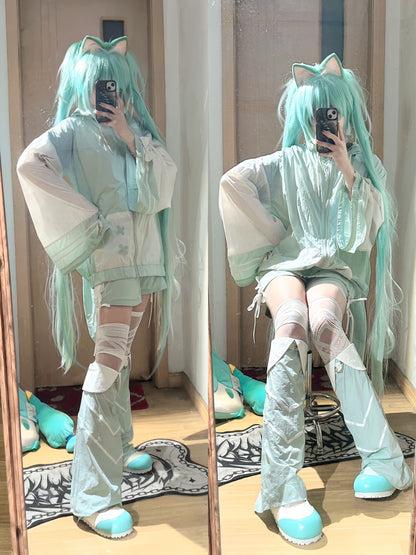 [angel Style] Aqua Angel Subculture Hooded Hoodie + Ribbon Shorts + Leg Warmers