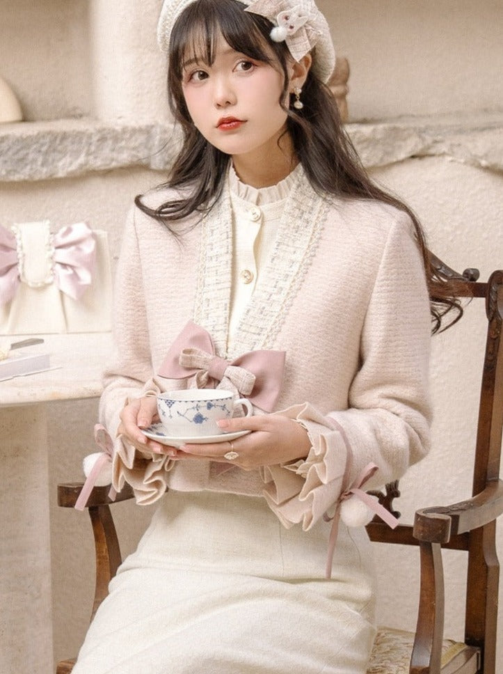 Ruffle Blouse + Tight Skirt + Tweed Ribbon Jacket