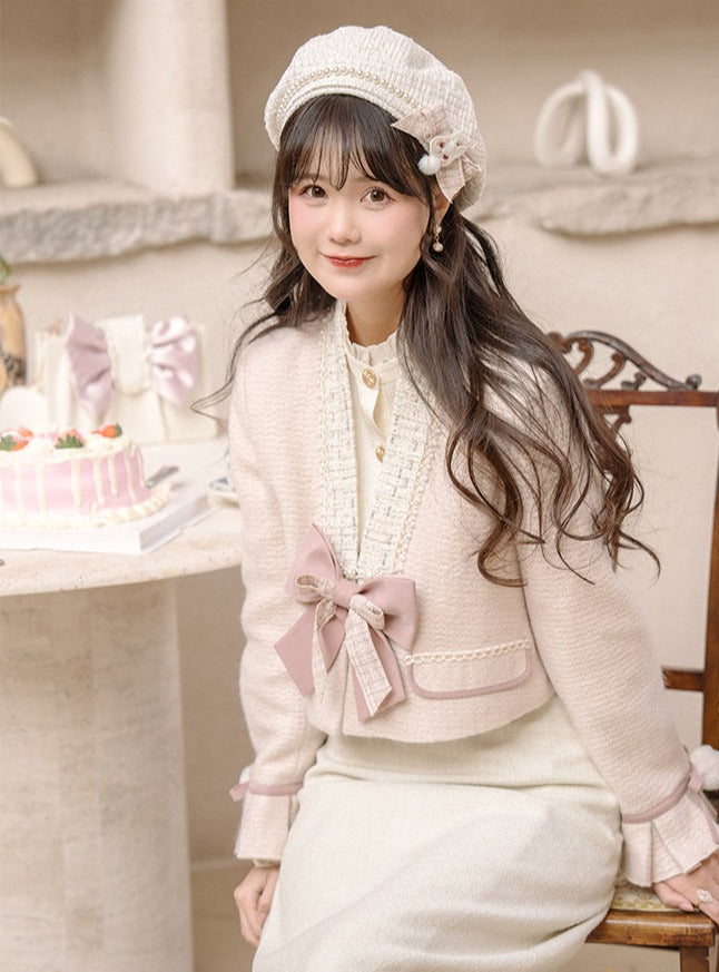 Ruffle Blouse + Tight Skirt + Tweed Ribbon Jacket