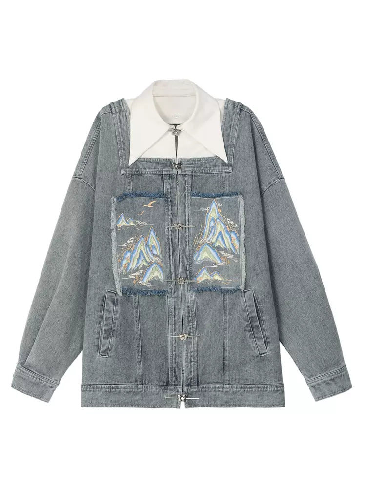 Chinese-style Detachable Collar Denim Jacket Suit