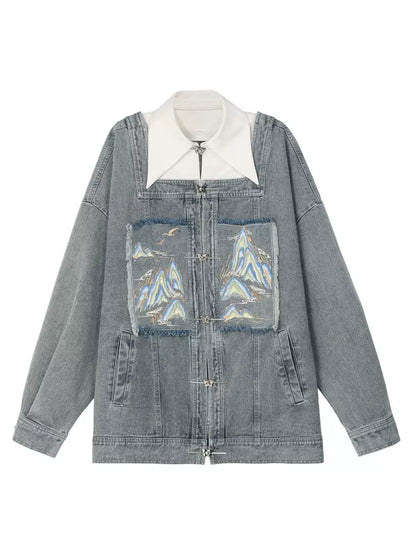 Chinese-style Detachable Collar Denim Jacket Suit