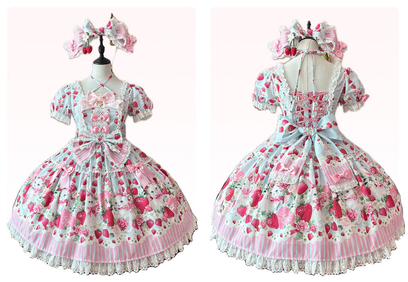 [pre-order Deadline: April 29] Strawberry Rabbit Print Lace Ribbon Sweet Dress + Complete Set