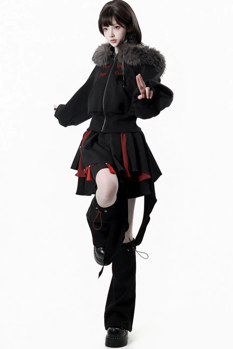 Dark Detachable Fur Jacket + Skirt + Pants