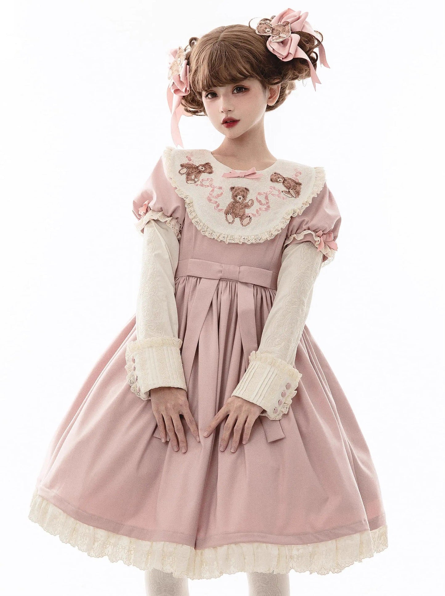 [pre-order] Lolita Teddy Bear Flap Lace Puff Sleeve Ribbon Dress