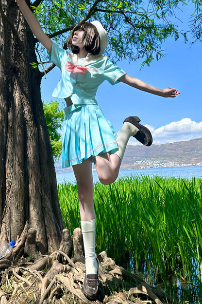 Anime Girl Light Blue Sailor Suit + Pleated Skirt