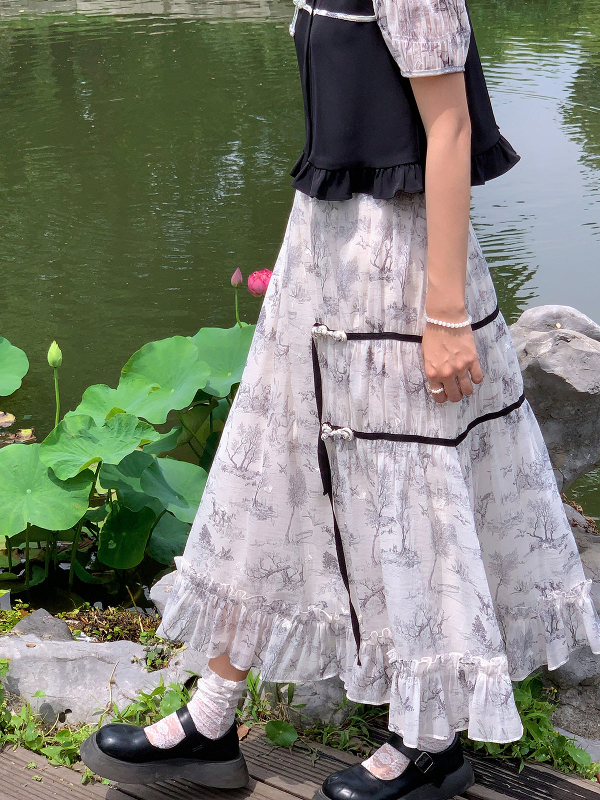 Doll Collar Sheer Puff Sleeve Print Chinese-style Top & Asymmetric Skirt Set