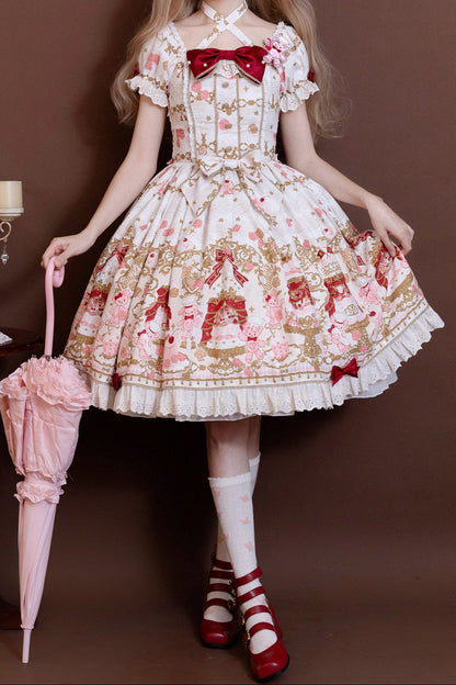 [pre-order Deadline: April 26] Retro Romance Sweet Lolita Ribbon Cake Print Halter Neck Dress