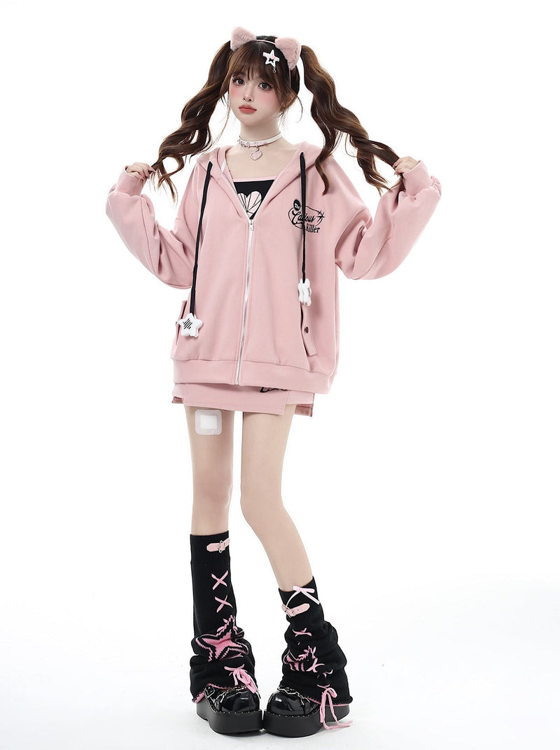 Small Hooded Zipper Hoodie + Tight Skirt