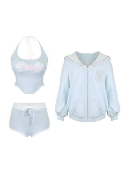 Milk Blue Sporty Hoodie + Halter Neck Suspender + Sports Shorts