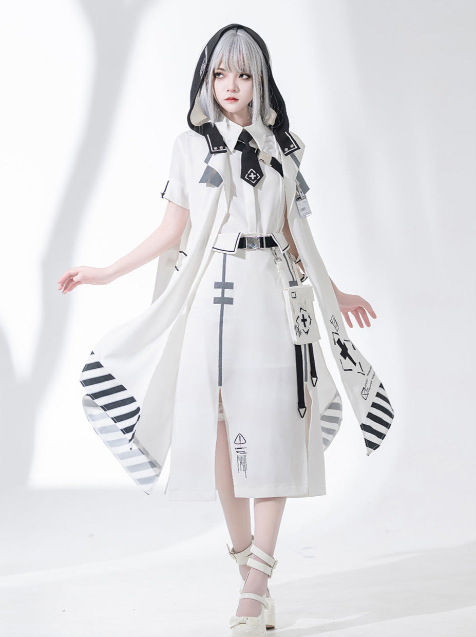 A Line Skirt Design Cape Suit [hoodie Cape + Shirt + Skirt + One Shoulder Cape]