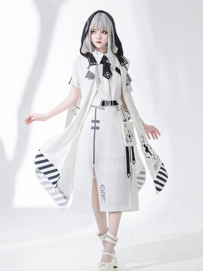 A Line Skirt Design Cape Suit [hoodie Cape + Shirt + Skirt + One Shoulder Cape]
