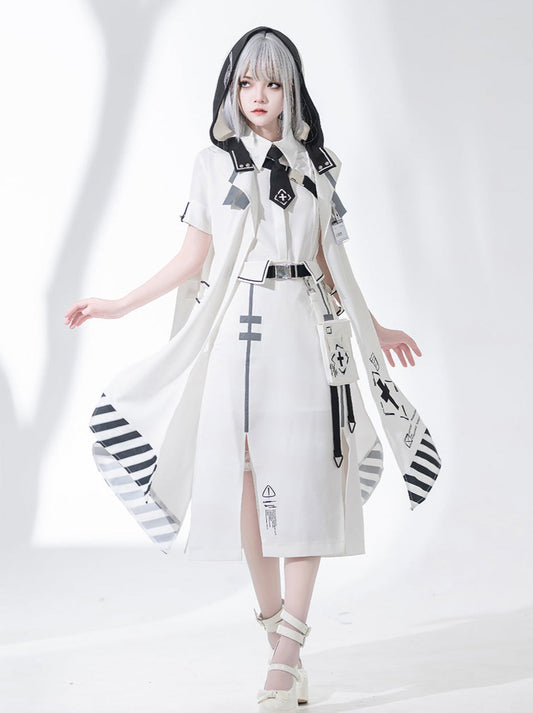 A Line Skirt Design Cape Suit [hoodie Cape + Shirt + Skirt + One Shoulder Cape]