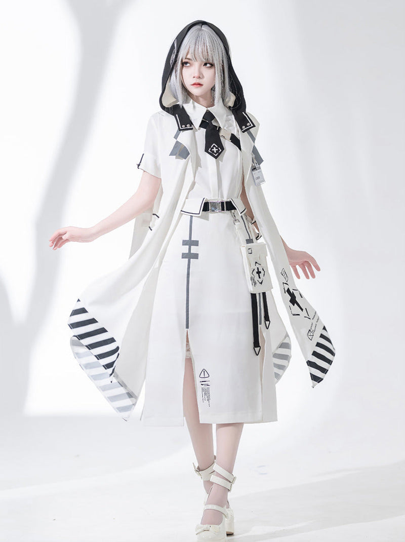 A Line Skirt Design Cape Suit [hoodie Cape + Shirt + Skirt + One Shoulder Cape]