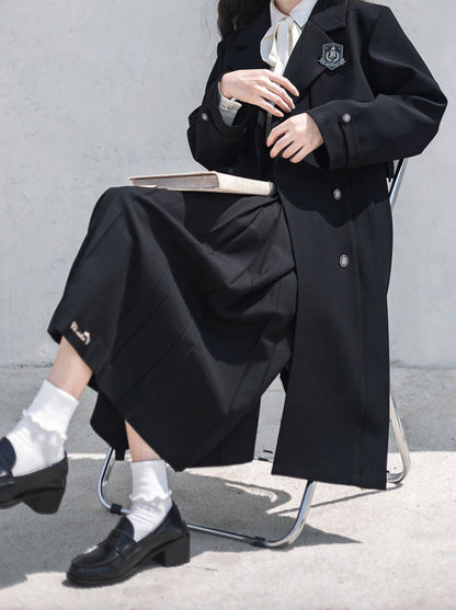 College Black Trench Coat + Metal Badge + Embroidery Ribbon Shirt + Pleated Skirt