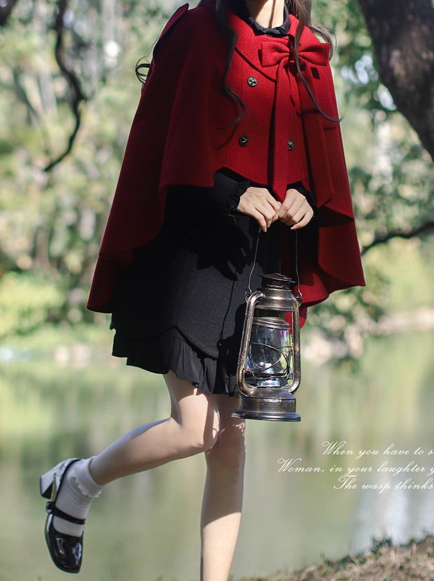 Retro Red Cape Coat + Black Ruffle Fake Two-piece Dress