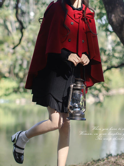 Retro Red Cape Coat + Black Ruffle Fake Two-piece Dress