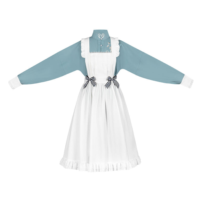 Stand Collar Double-breasted Coat Lace Apron Overskirt Set