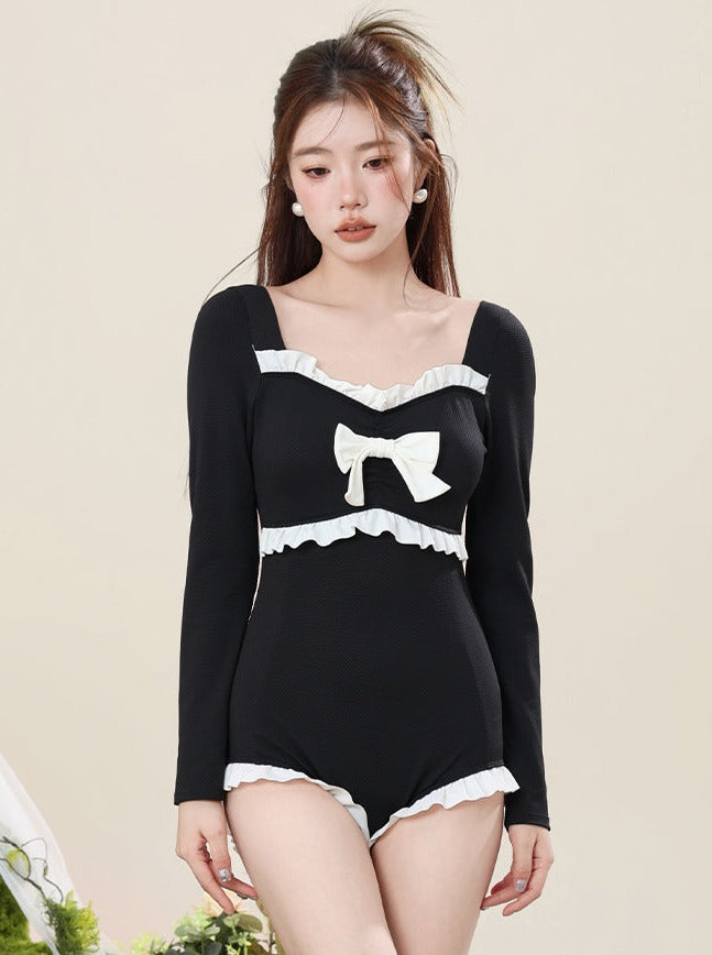 Cover Long Sleeve Monochrome Ribbon Swimsuit