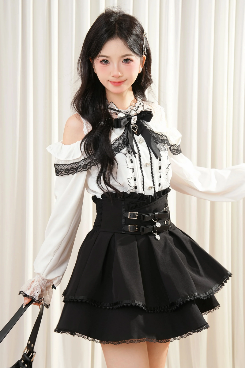 Lace Ribbon Off Shoulder Top + Skirt