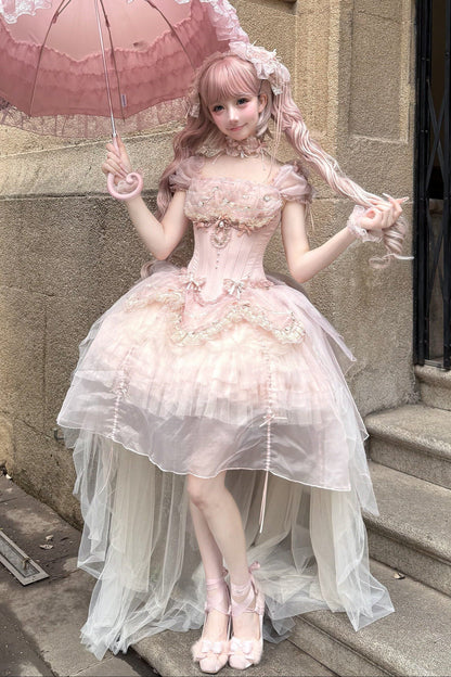 [pre-order Deadline: May 13] Pink Ballet Lolita Lace Ribbon Bustier Corset Top + Pull-up Tulle Tiered Skirt Set + Back Ribbon Train